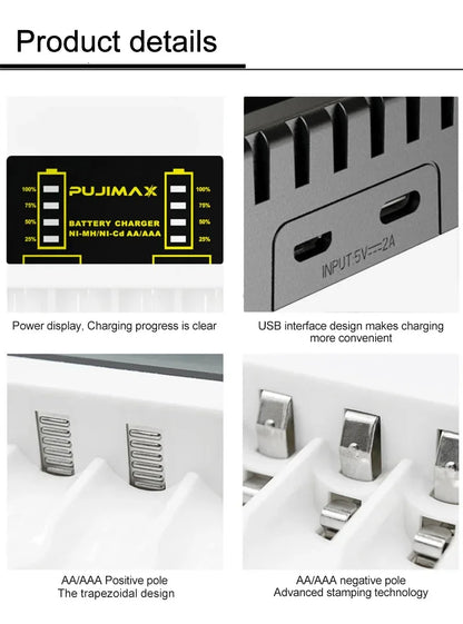 4 Slots Battery Charger Intelligent Fast USB Charger for AAA/AA Rechargeable Ni-MH/Ni-Cd Batteries with LED Indicator Charger