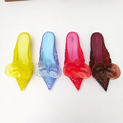 Design Big Butterfly Knot Melissa Women Flat Mules Sandals High Quality Cozy Patent Leather Pointed Toe Back Strap Shoes