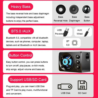 3D Hifi Stereo USB Active Bluetooth Speaker Computer Multimedia RGB Subwoofer AUX, USB, TF Suitable for TV, Computer Audio