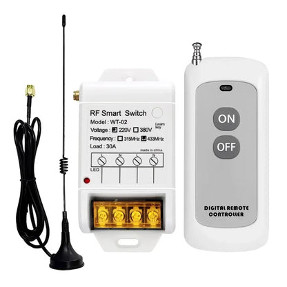 433MHz AC 220V 380V RF Remote Control Switch 30A Relay 2 Buttons Long Range Remote for Water Pump Home Outdoor Light Control