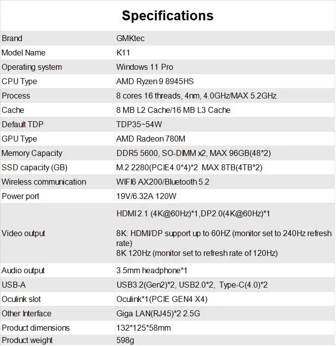 GMKtec K11 Gaming PC AMD Ryzen 9 8945HS 32GB DDR5 1TB PCIe 4.0 SSD Windows 11 Pro Oculink Dual 2.5G LAN HDMI DP 2 USB4 RGB