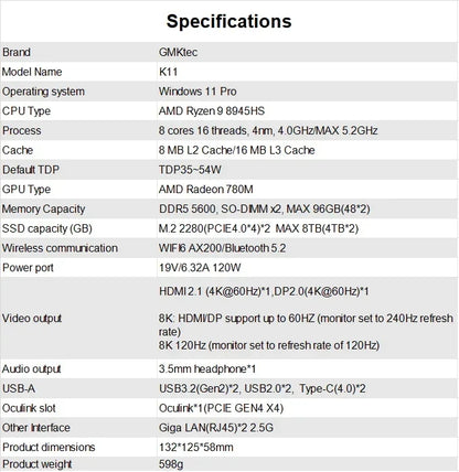 GMKtec K11 Gaming PC AMD Ryzen 9 8945HS 32GB DDR5 1TB PCIe 4.0 SSD Windows 11 Pro Oculink Dual 2.5G LAN HDMI DP 2 USB4 RGB