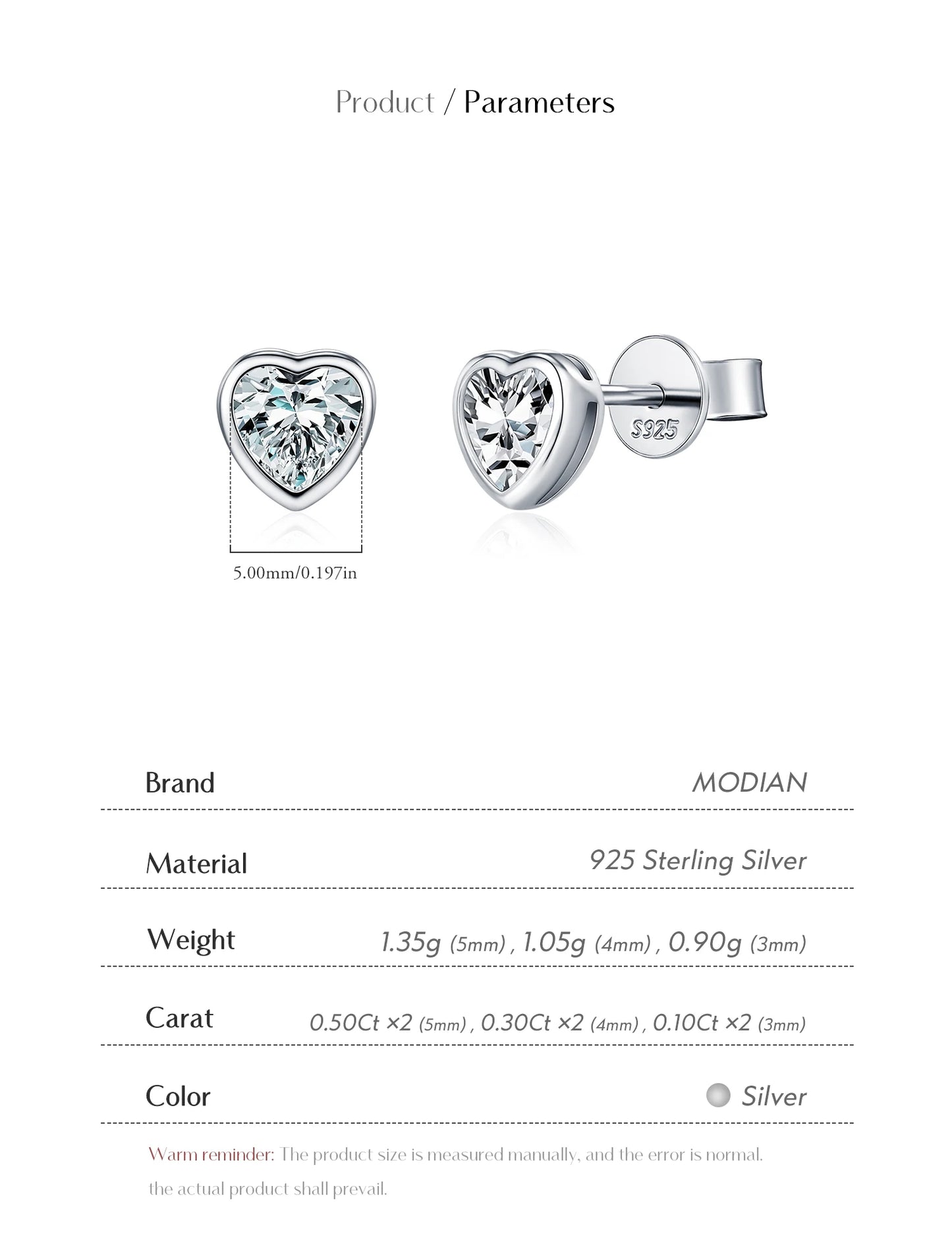 MODIAN 3 Sizes Heart Moissanite Ear Studs 925 Sterling Silver Dazzling Stackable Fashion Stud Earrings For Women Fine Jewelry