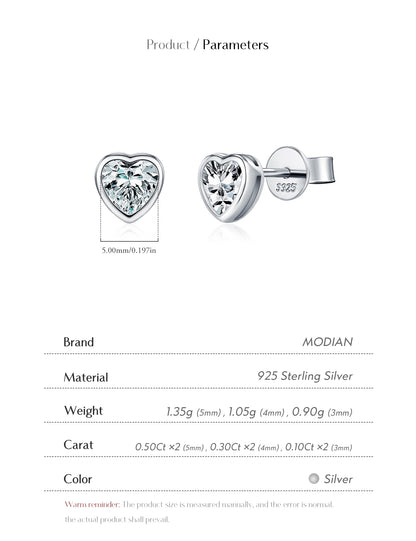 MODIAN 3 Sizes Heart Moissanite Ear Studs 925 Sterling Silver Dazzling Stackable Fashion Stud Earrings For Women Fine Jewelry