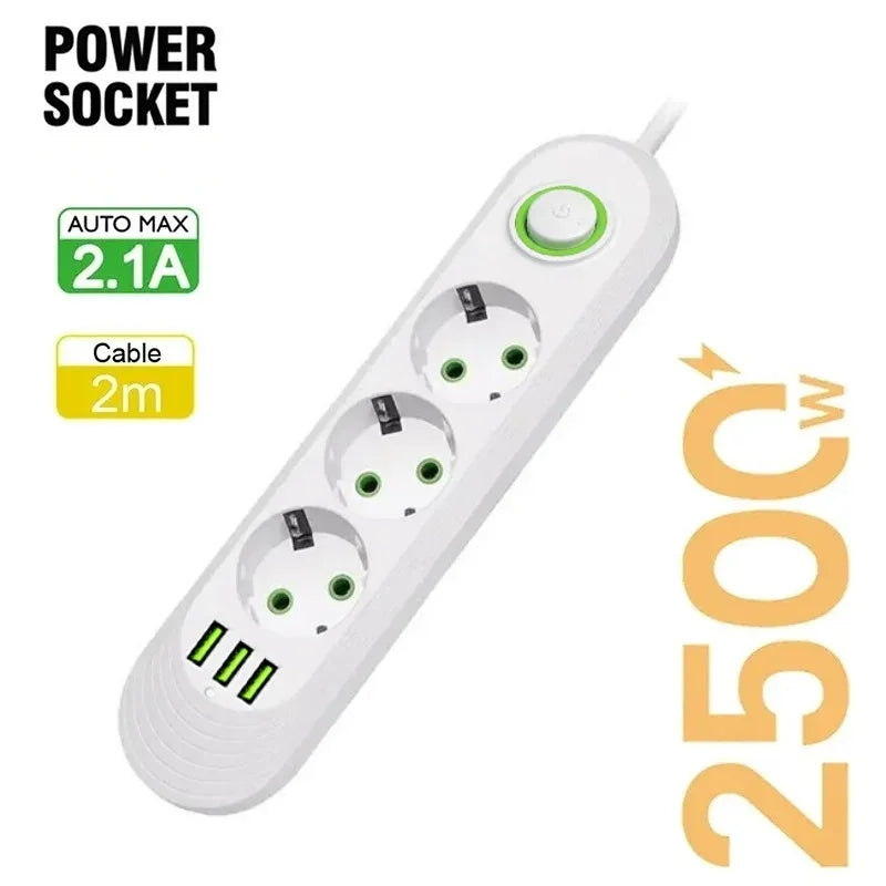 2500W EU Plug Power Socket 2m Extension Cable 3 USB Jack 3/4/5 Holes Power Strip Socket Network Filter With USB Ports Charging