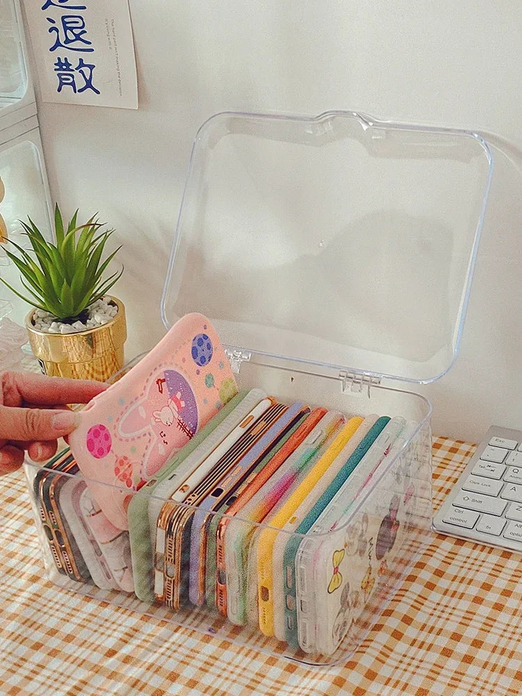 Ins Transparent Phone Case Organizer Storage Box with Cover Home Desktop Acrylic Sundries Storage Basket Phone Case Holder