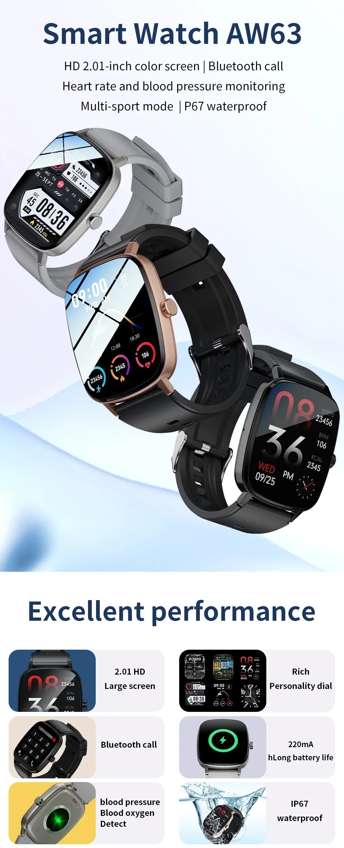 2.01 Inch Aiweile AW63 Smart Watch Men Clock Smartwatch Bluetooth Call Fitness Wristwatch for Android IOS Lightweight PK LT10