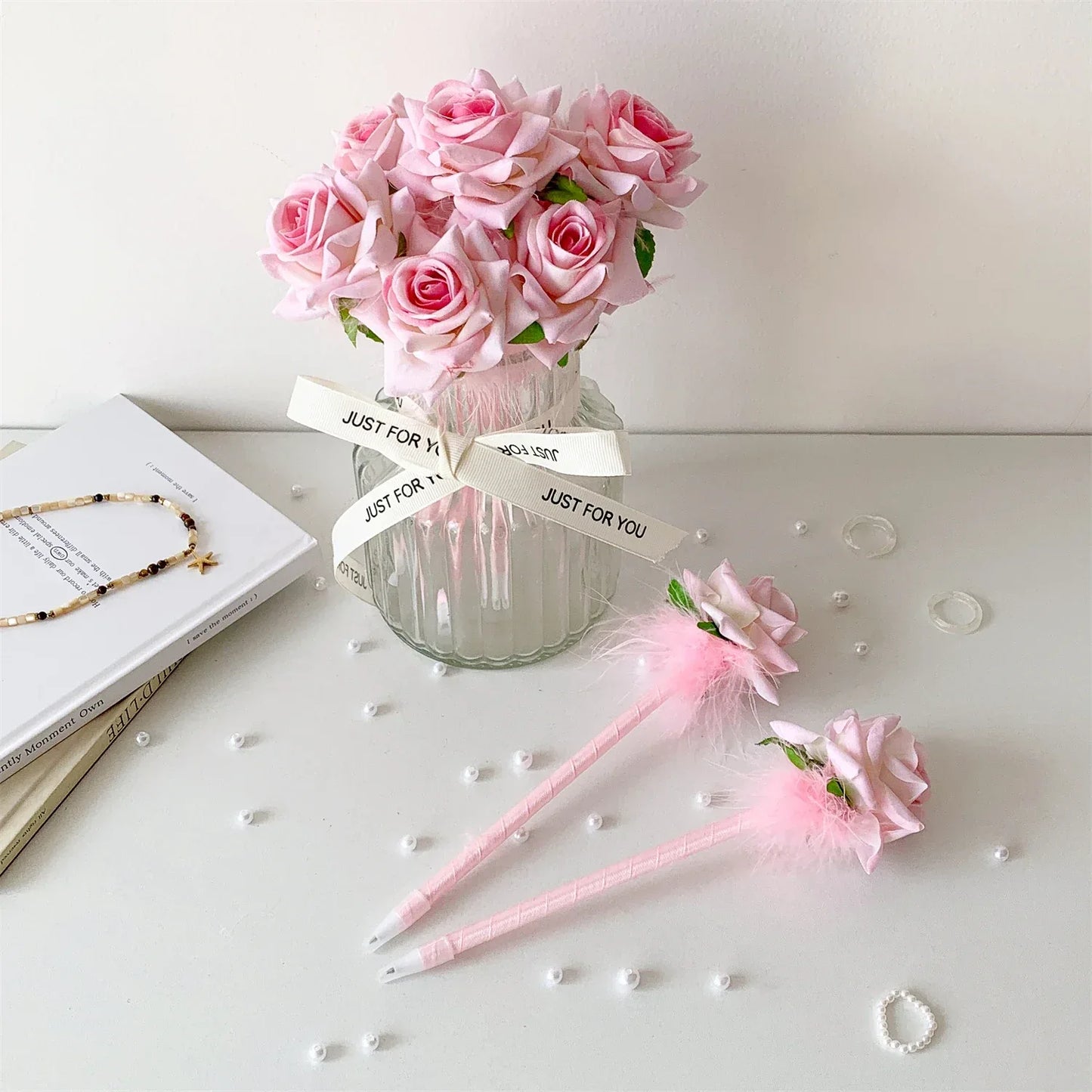 10pcs/set Simulated Rose Shaped Ballpoint Pen Valentine's Day Desktop Decoration Supplies Student Writing Supplies Set
