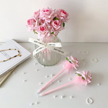 10pcs/set Simulated Rose Shaped Ballpoint Pen Valentine's Day Desktop Decoration Supplies Student Writing Supplies Set