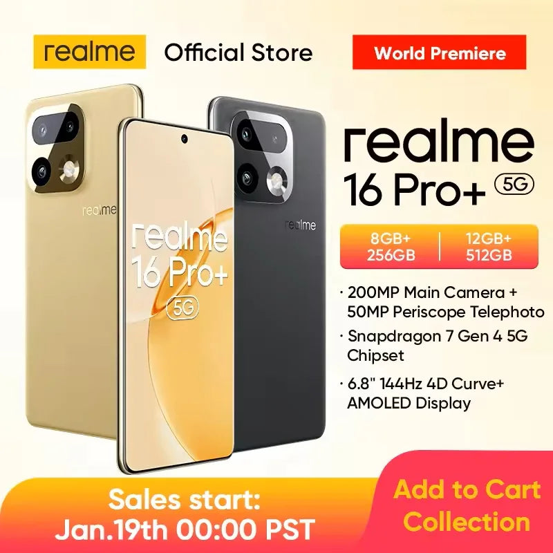 realme 16 Pro Plus Smartphone NFC Snapdragon 7 Gen 4 Chipset 200MP Camera 50MP Periscope Telephoto 7000mAh Battery 80W Charge