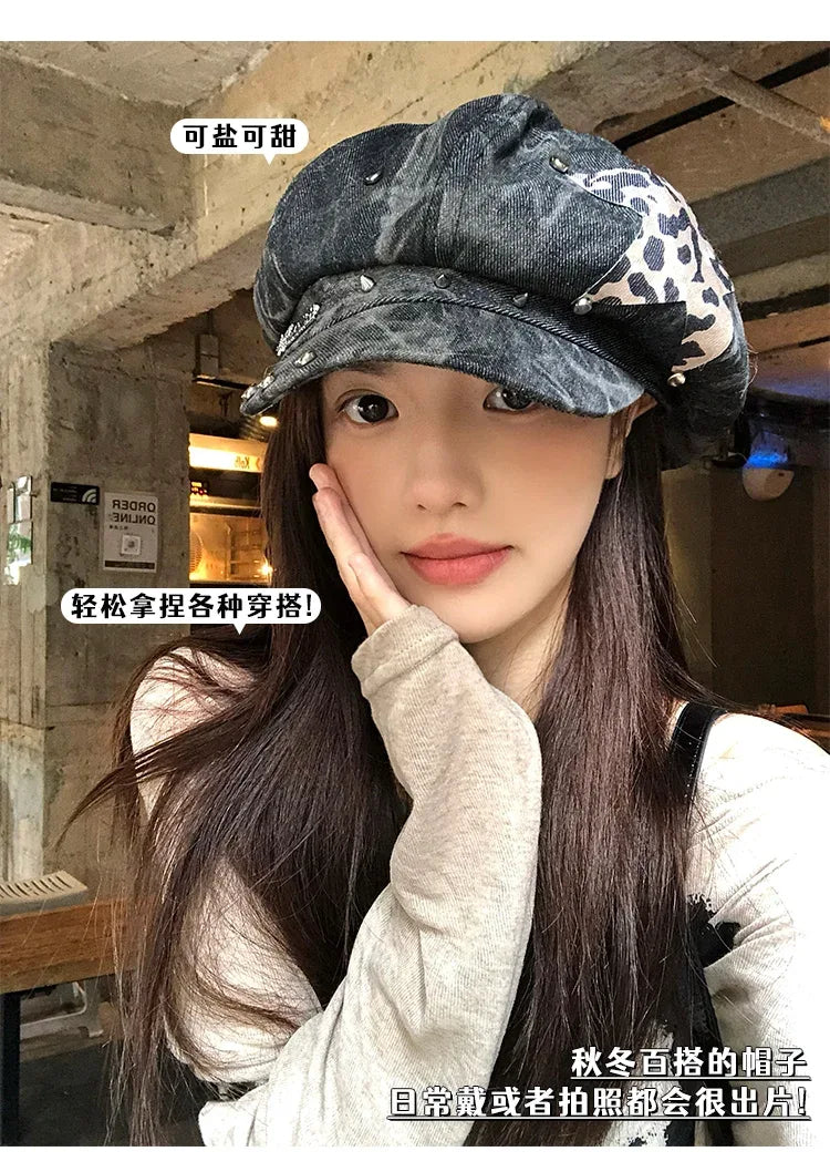 American Punk Style Rivet Star Design Octagonal Hats for Women Spring and Autumn Casual Versatile Retro Washed Denim Berets Cap