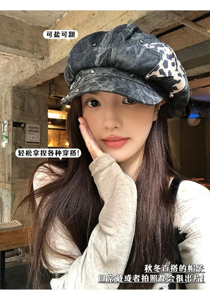 American Punk Style Rivet Star Design Octagonal Hats for Women Spring and Autumn Casual Versatile Retro Washed Denim Berets Cap