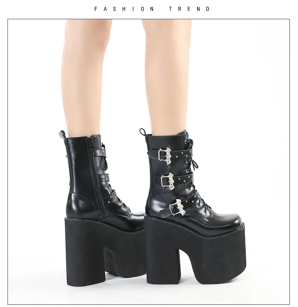 Gdgydh Lace up Chunky Heel Mid Calf Booties for Women Block High Heel Platform Combat Boots Gothic Metal Bat Gothic Shoes