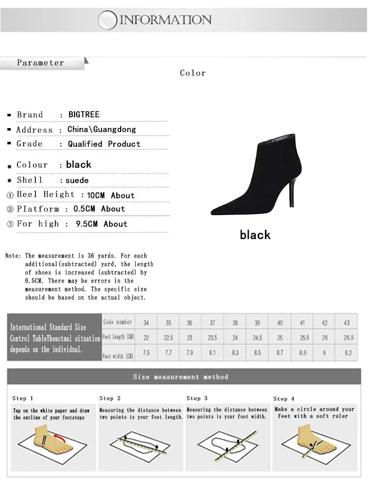 BIGTREE Shoes Suede Ankle Boots For Women Heels Winter Boots Pointed Stilettos High-heeled Boots Side Zipper Black Short Boots