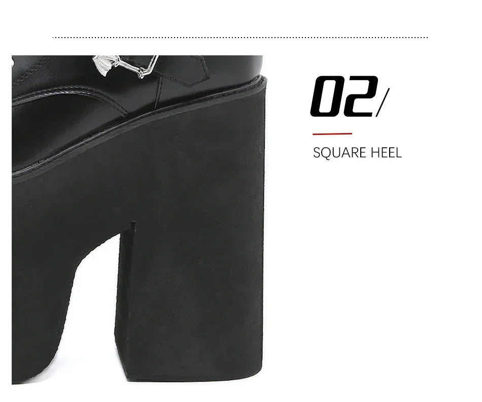 Gdgydh Lace up Chunky Heel Mid Calf Booties for Women Block High Heel Platform Combat Boots Gothic Metal Bat Gothic Shoes