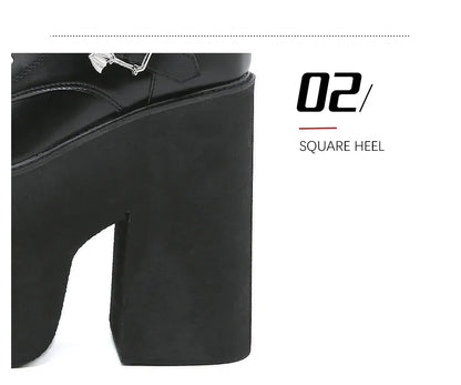 Gdgydh Lace up Chunky Heel Mid Calf Booties for Women Block High Heel Platform Combat Boots Gothic Metal Bat Gothic Shoes