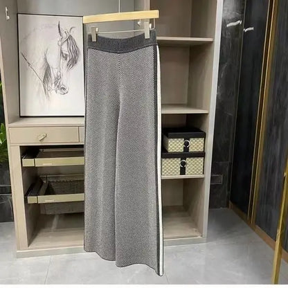 Women Drawstring Wide Leg Warm Thick Knit Pants Fall Winter Loose Casual Straight  Korean Harajuku High Waist Trousers R94