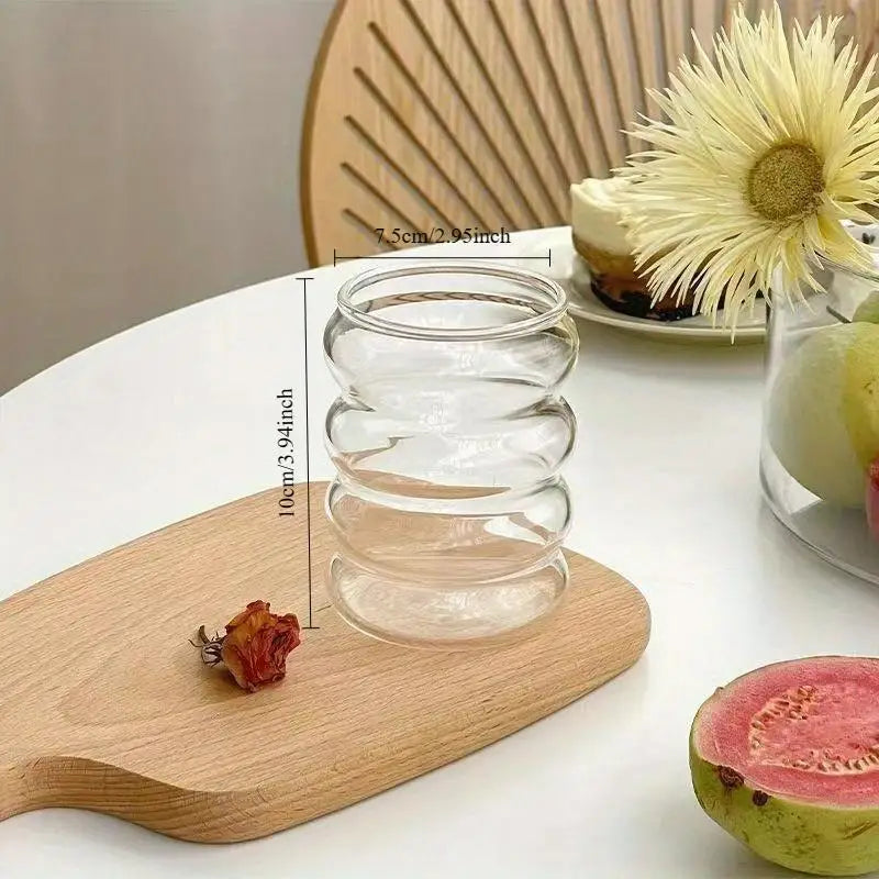 2 High Borosilicate Glass Coffee Cups 350ML/11.8oz with Straw and Brush, Vintage Ripple Design, Transparent Aesthetic Drinkware