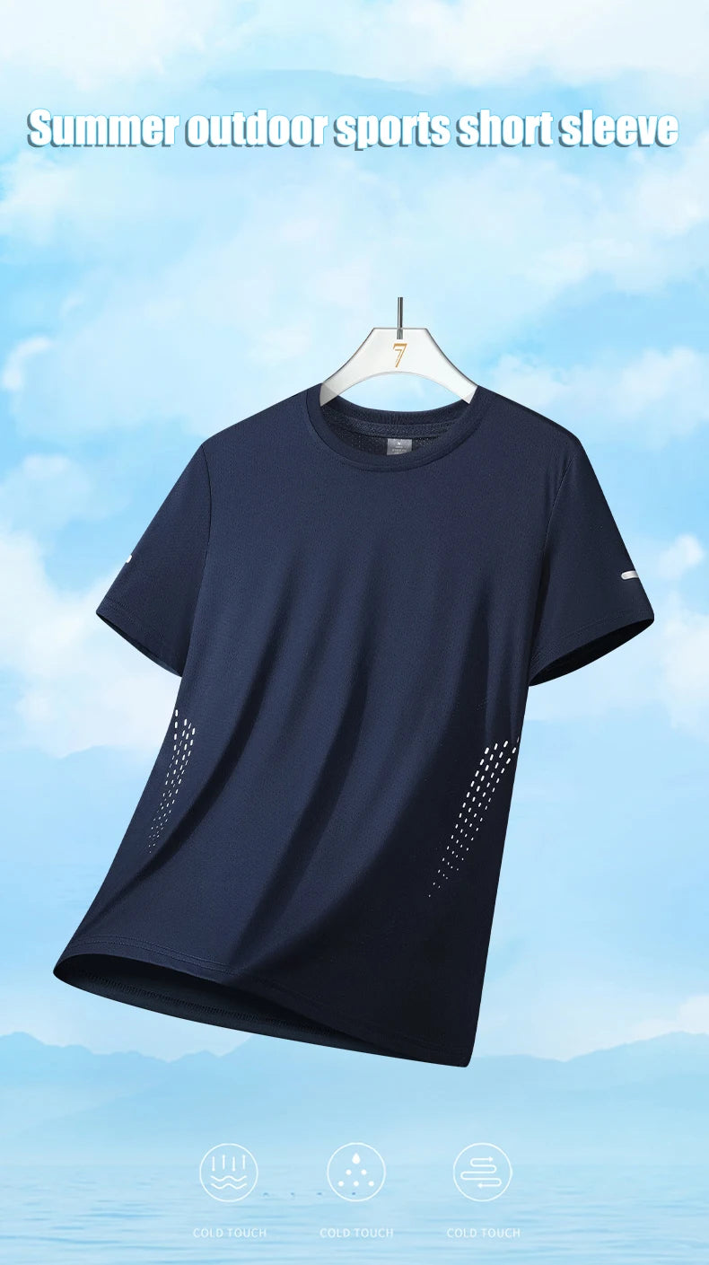 Summer Mesh Sports T-Shirt Men Quick-Drying Breathable Loose Ice Silk Short Sleeves Men Jogging Hiking Round Neck Sports T-shirt