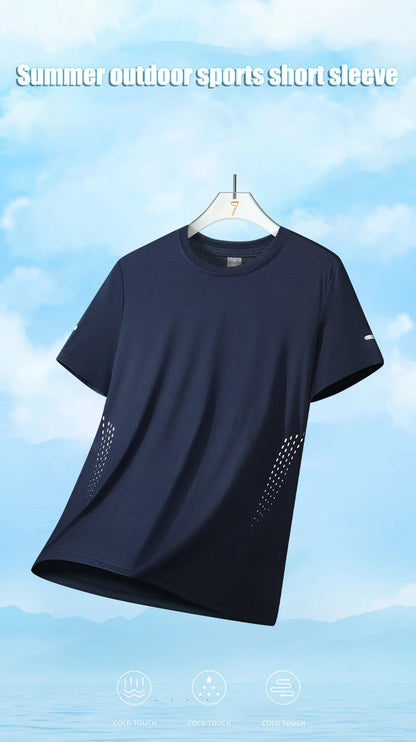 Summer Mesh Sports T-Shirt Men Quick-Drying Breathable Loose Ice Silk Short Sleeves Men Jogging Hiking Round Neck Sports T-shirt