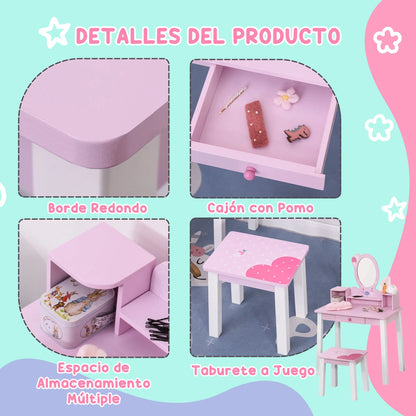 Homcom Children's Dressing Table with Stool and Mirror Princess Style Pink Wooden Makeup Table Toy for Girls 60X34X93 cm