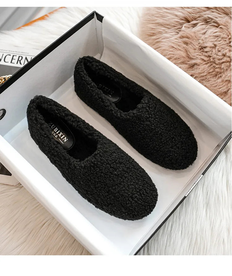 Big Size 43 Women Lambswool Slippers Winter Sheep Fur Shoes Ladies Flat Cotton Slides Home Pantuflas Daily Slip On Furry Mules