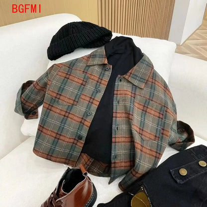 Korean Children's Clothing Girl Boys Suspender Pants+ Checkered Shirt Set Girls Baby Shirt Outfits Spring Autumn Kids Jeans Sets