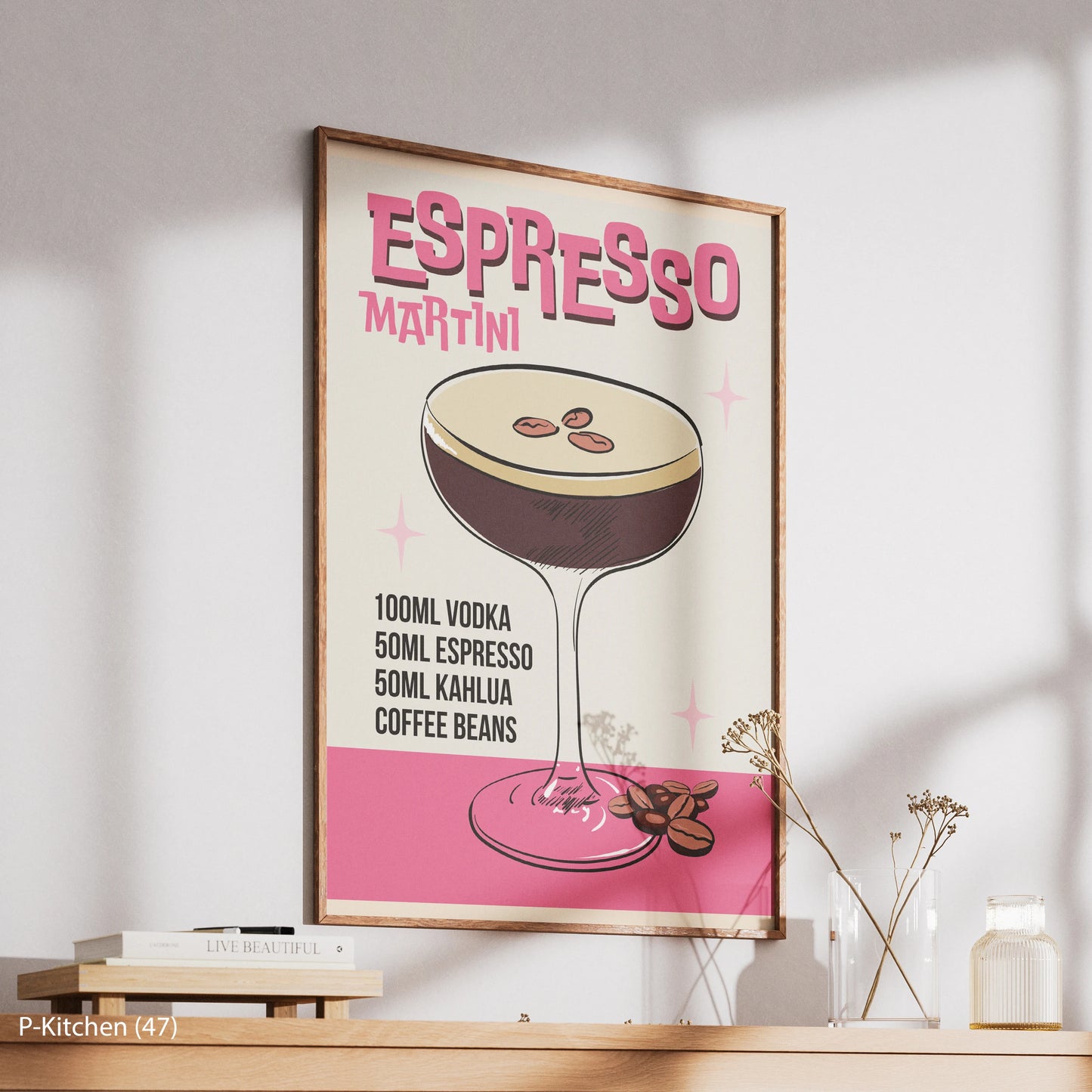 Modern Pop Art Kitchen Decor Cocktail Poster Espresso Martini Recipe Print Pink and Black Canvas Art