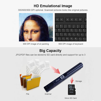 Scanner Document iScan Portable Scanner Mini Handheld Document Scanner A4 Book Scanner for JPG and PDF Format 300/600/900 DPI