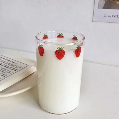 300 ML High Borosilicate Nana Cute Strawberry Water Milk Drinking Glasses Cup with Straw Upgrade Thickened Version Gift