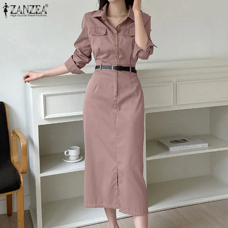 ZANZEA Women Lapel Long Sleeve Vestidos 2025 Spring Solid Work Dresses Casual Waisted No Belted Robe Office Lady Midi Spilt Robe