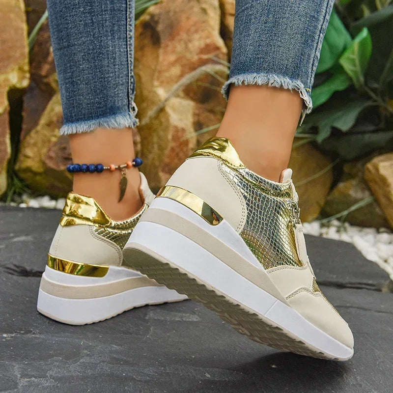 Gold Silver Wedge Sneakers for Women Lightweight Non Slip Casual Sports Shoes Woman Comfort Thick Sole Walking Shoes Plus Size