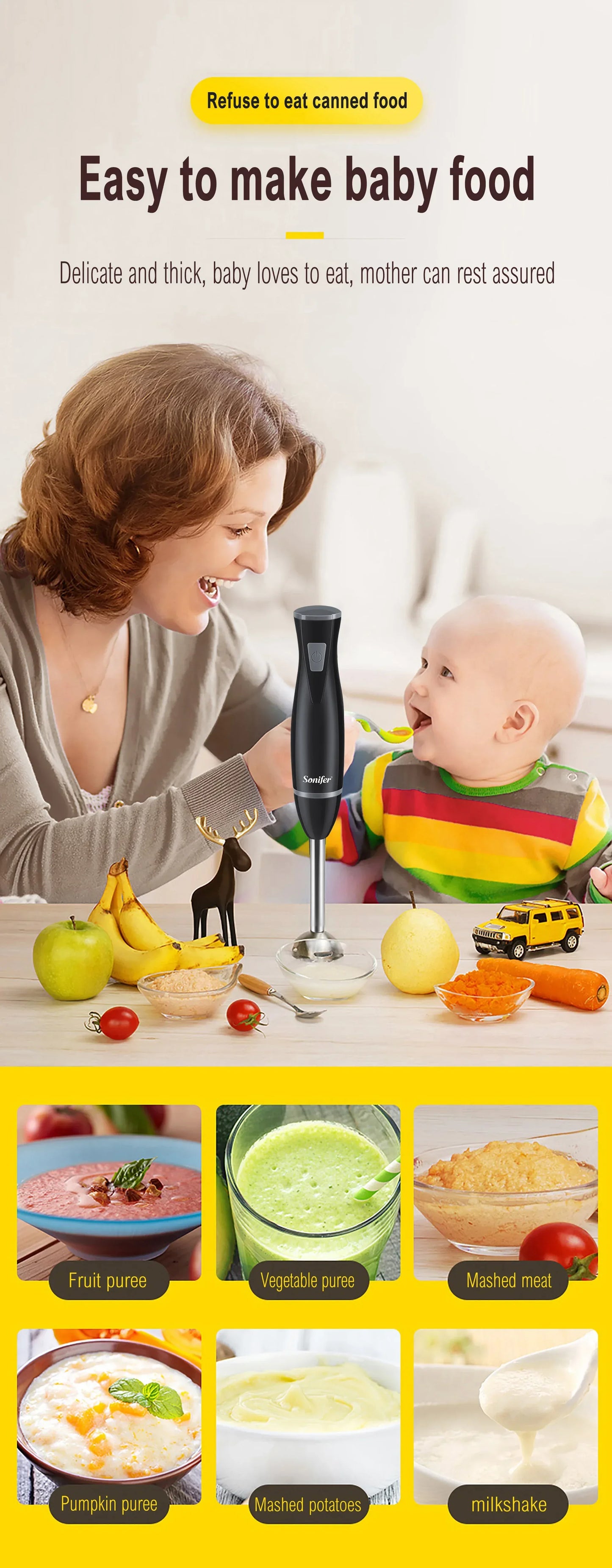 Blender Electric Food Mixer Kitchen Detachable Hand Blender Egg Beater Vegetable Stand Blend Stainless Steel Blade 220V Sonifer