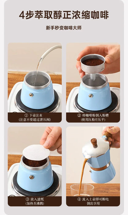 Electric Octagonal 3 Cup Black Coffee Maker Double Valve Moka Coffee Pot Espresso Aluminum Alloy Stainless Steel Moka Pot Set