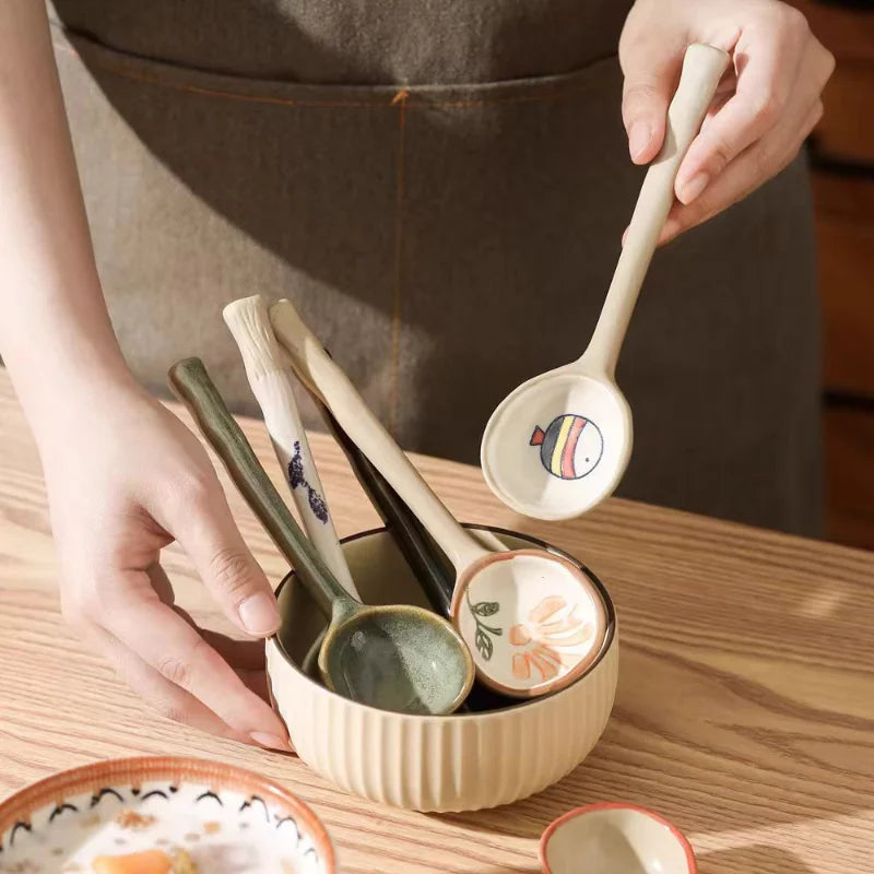 Cute Ceramic Flower Soup Spoon Kawaii Korean Ice Cream Hand Painted Dessert Spoon With Long Handle Kitchen Tableware Accessories