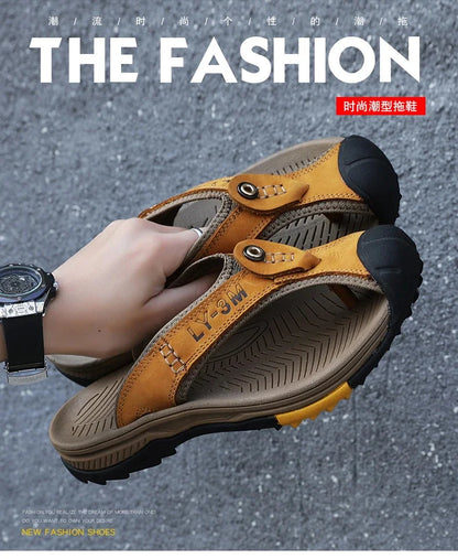 Genuine Cow Leather Shoes Men Sandals Mens Flip Flops Men's Casual Shoes Classic Massage Beach Slippers Anti-slip Summer 2025