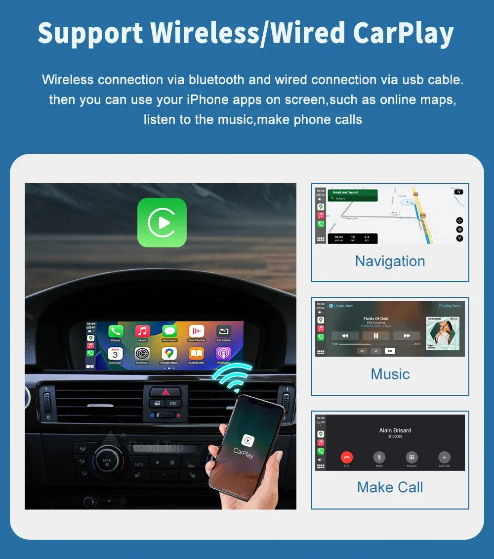 Road Top 8.8'' Wireless Carplay Android Auto Multimedia Display Screen For BMW 3 Series E90 E91 E92 E93 5 Series E60 E61 CCC CIC