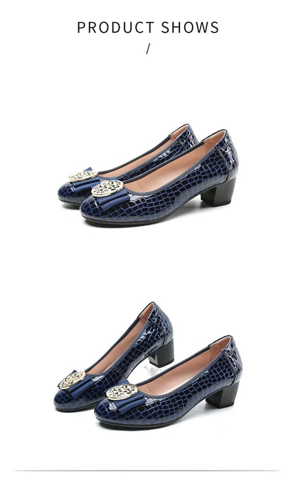Spring and Autumn Boat Shoes Genuine Leather Soft Sole Mid-Heel Shoes Bow Heels Ladies Women Womens Round Toe Slip-on Women's 42