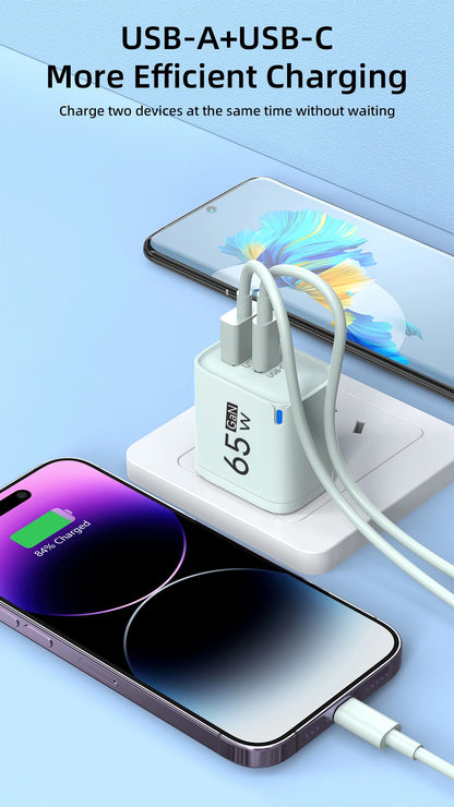 GaN 65W USB C Charger 3 Ports Quick Charge 3.0 QC3.0 Fast Charger Travel Wall Adapter for iPhone Samsung Xiaomi Huawei EU UK US