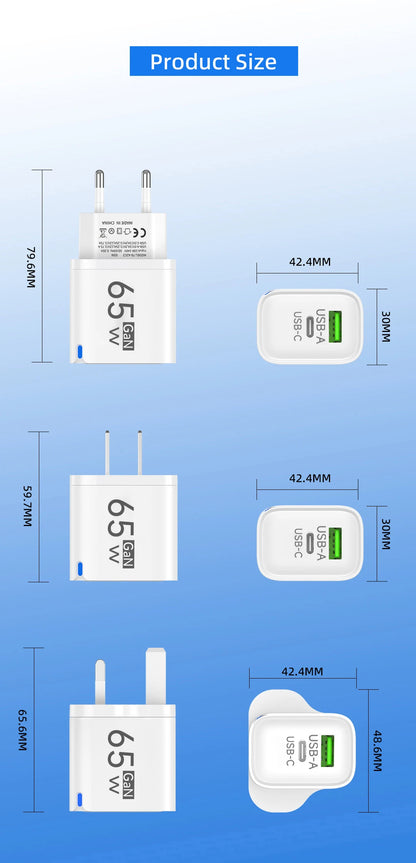 GaN 65W USB C Charger 3 Ports Quick Charge 3.0 QC3.0 Fast Charger Travel Wall Adapter for iPhone Samsung Xiaomi Huawei EU UK US