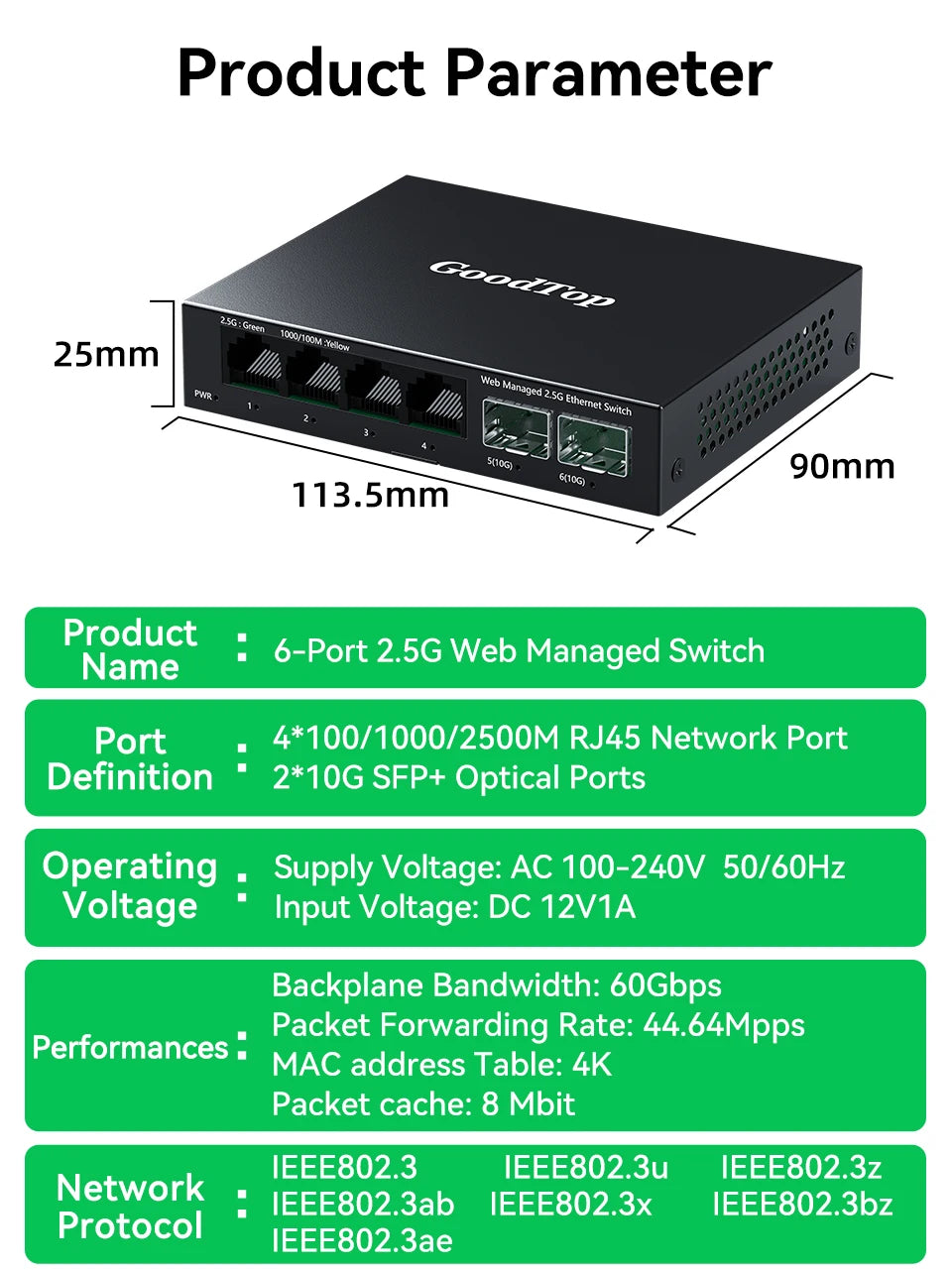 GoodTop 2.5GbE Managed Switch 6 Port 2.5GBASE-T Network Switcher 10G SFP+ Slot Uplink Web Managed Hub Internet Splitter Fanless