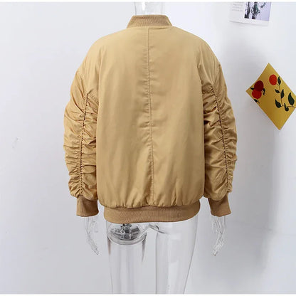Retro Solid Zipper Cotton Jackets Women Casual Loose Bomber Jacket With Oblique Pockets Female Y2k Autumn Chic Street Outwear