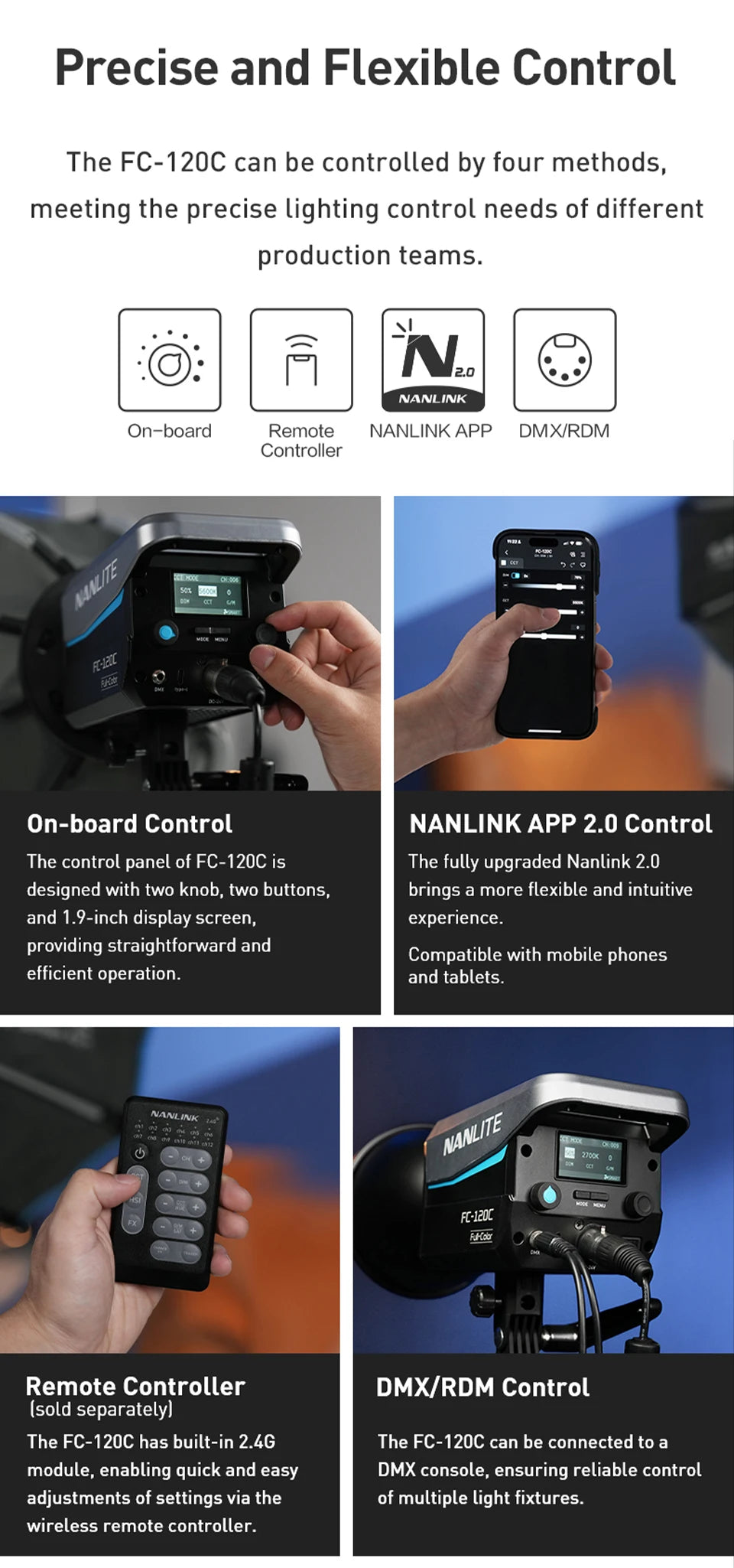 Nanlite FC-120C RGBW Full-color 145W 2700K-7500K Professional Photography Fill Light for Video Studio Outdoor Live Stream Shoot