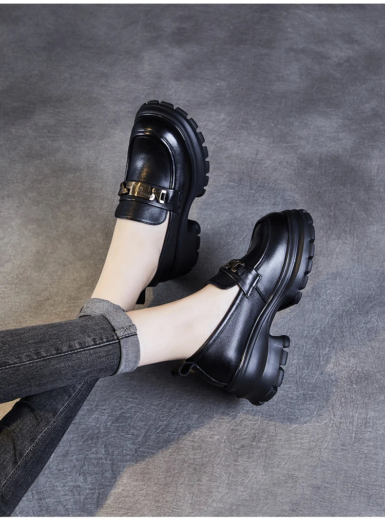 DRKANOL Women Genuine Leather Loafers 2026 Spring Autumn Thick High Heel Chunky Platform Handmade Retro Metal Trend Casual Shoes