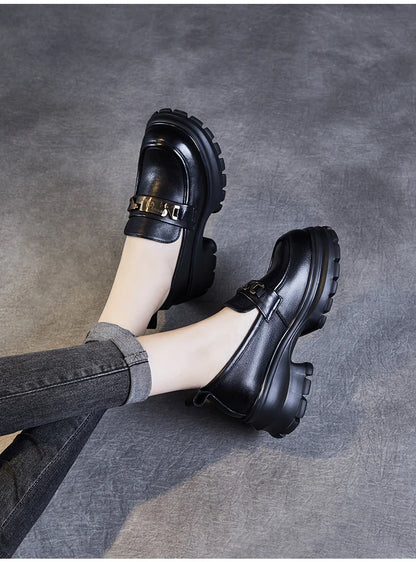 DRKANOL Women Genuine Leather Loafers 2026 Spring Autumn Thick High Heel Chunky Platform Handmade Retro Metal Trend Casual Shoes