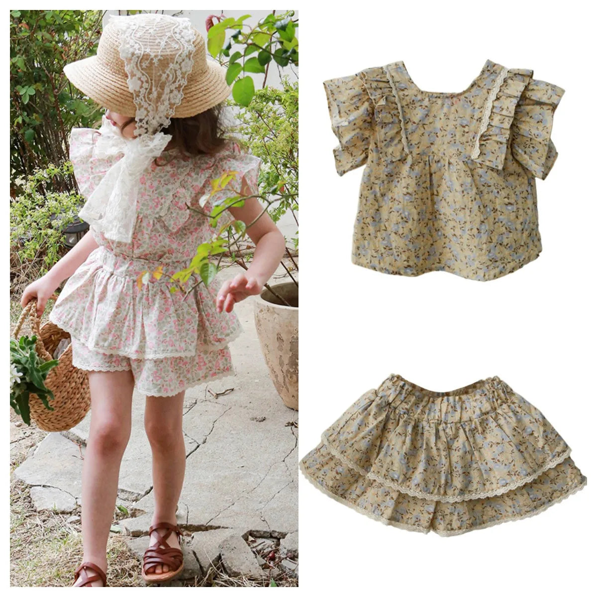 Kids Girls Cute Shirts and Shorts Skirts Outfit Set 2026 Summer New Korea Children Floral Fringed Shirts Skirts Clothes Set