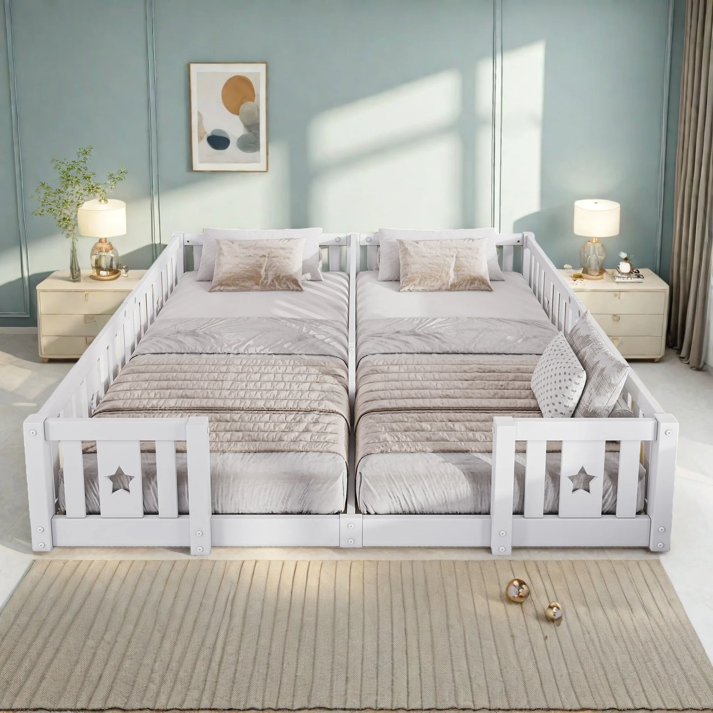 Rosahqnda Children's Bed Floor Bed 90x200cm with Railing Gate,Pine Wooden Bed for Families with 2 Children,Children's Twin Bed