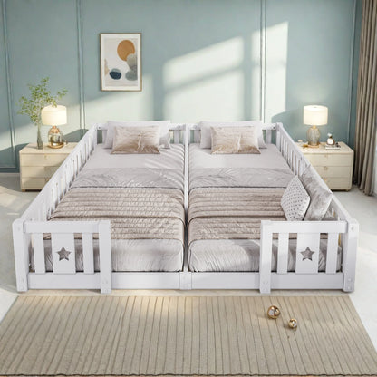 Rosahqnda Children's Bed Floor Bed 90x200cm with Railing Gate,Pine Wooden Bed for Families with 2 Children,Children's Twin Bed