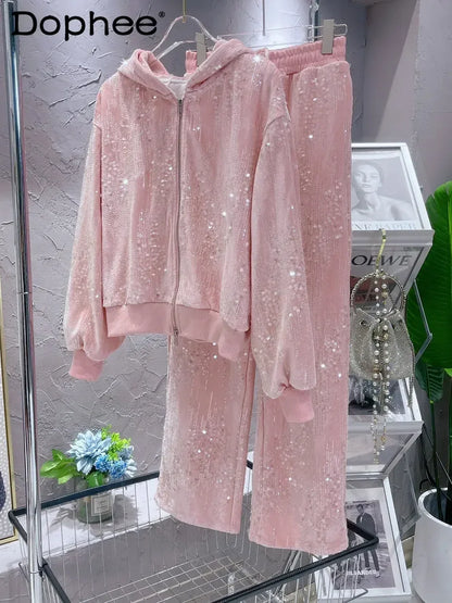 Fashion Pink Casual Suit for Women Autumn Winter New Gold Velvet Sequins Pearl Embroidery Sweatshirt Sports Pants Two-Piece Sets