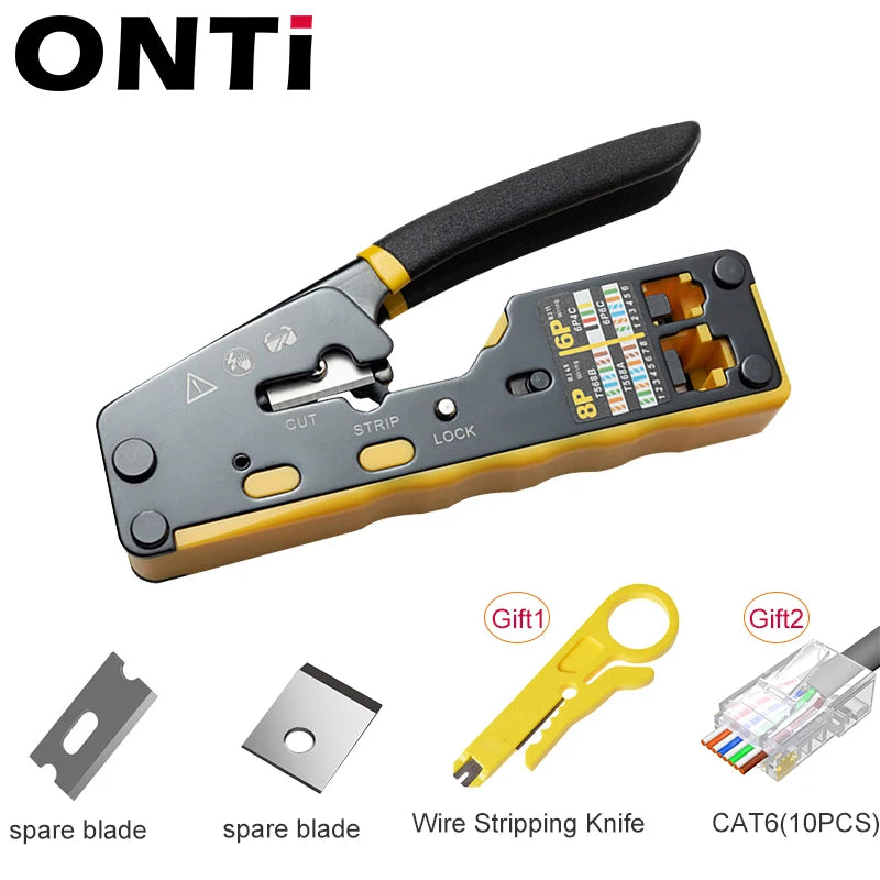 ONTi RJ45 Cat7/6/6A/5E Connector and RJ45 Crimp Tool Pass Through Crimper for 8P8C with Replacement Blade Cable Stripper